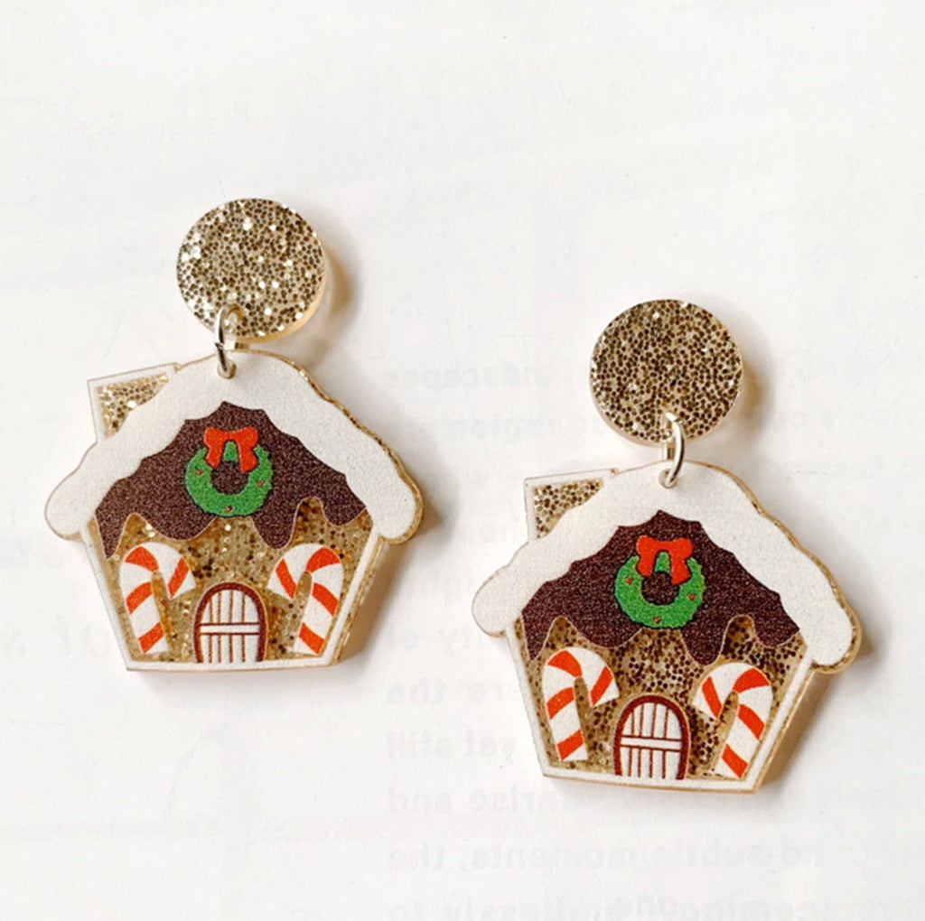 Glitter Gold Gingerbread House Dangling Christmas Earrings